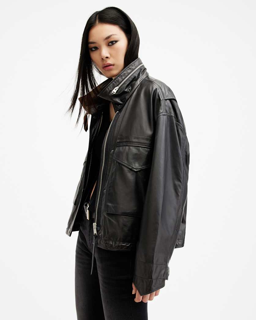 AllSaints Clay Funnel Neck Cropped Leather Jacket Women's Black Women's