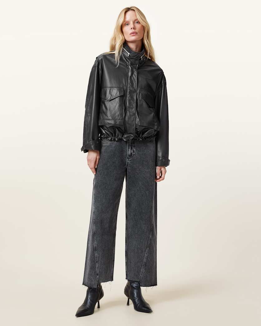 AllSaints Clay Funnel Neck Cropped Leather Jacket Women's Black Women's