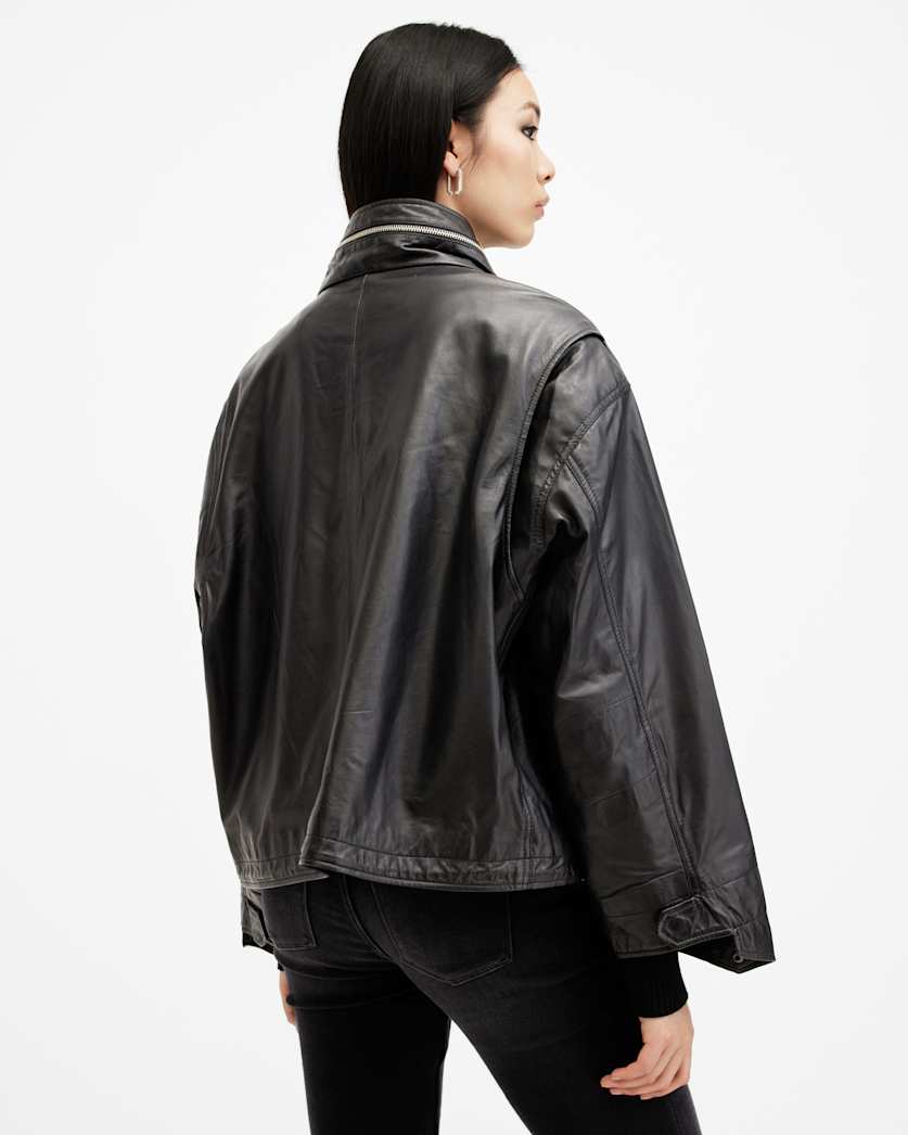 AllSaints Clay Funnel Neck Cropped Leather Jacket Women's Black Women's