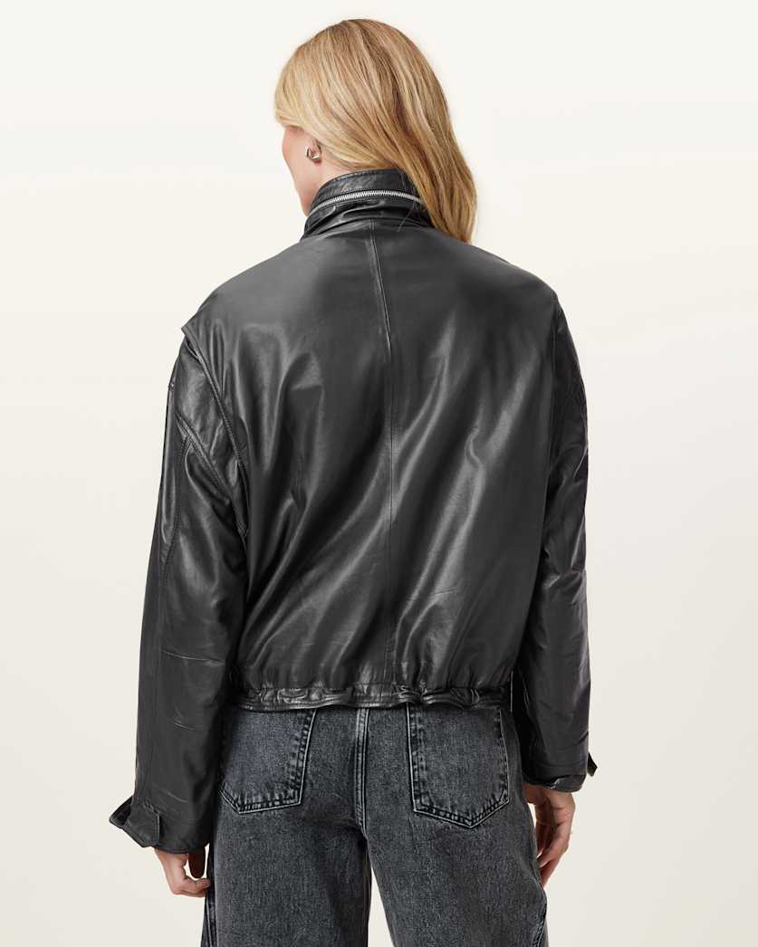 AllSaints Clay Funnel Neck Cropped Leather Jacket Women's Black Women's