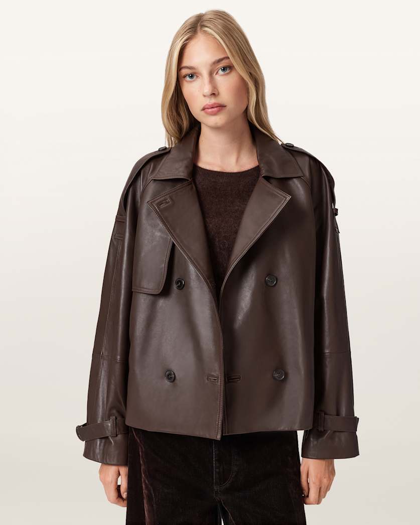 AllSaints Reed Cropped Leather Trench Women's Bitter Brown Women's