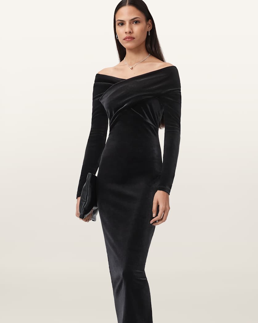 AllSaints Delta Velvet Midi Dress Women's Black Women's