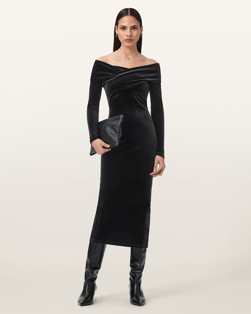 AllSaints Delta Velvet Midi Dress Women's Black Women's