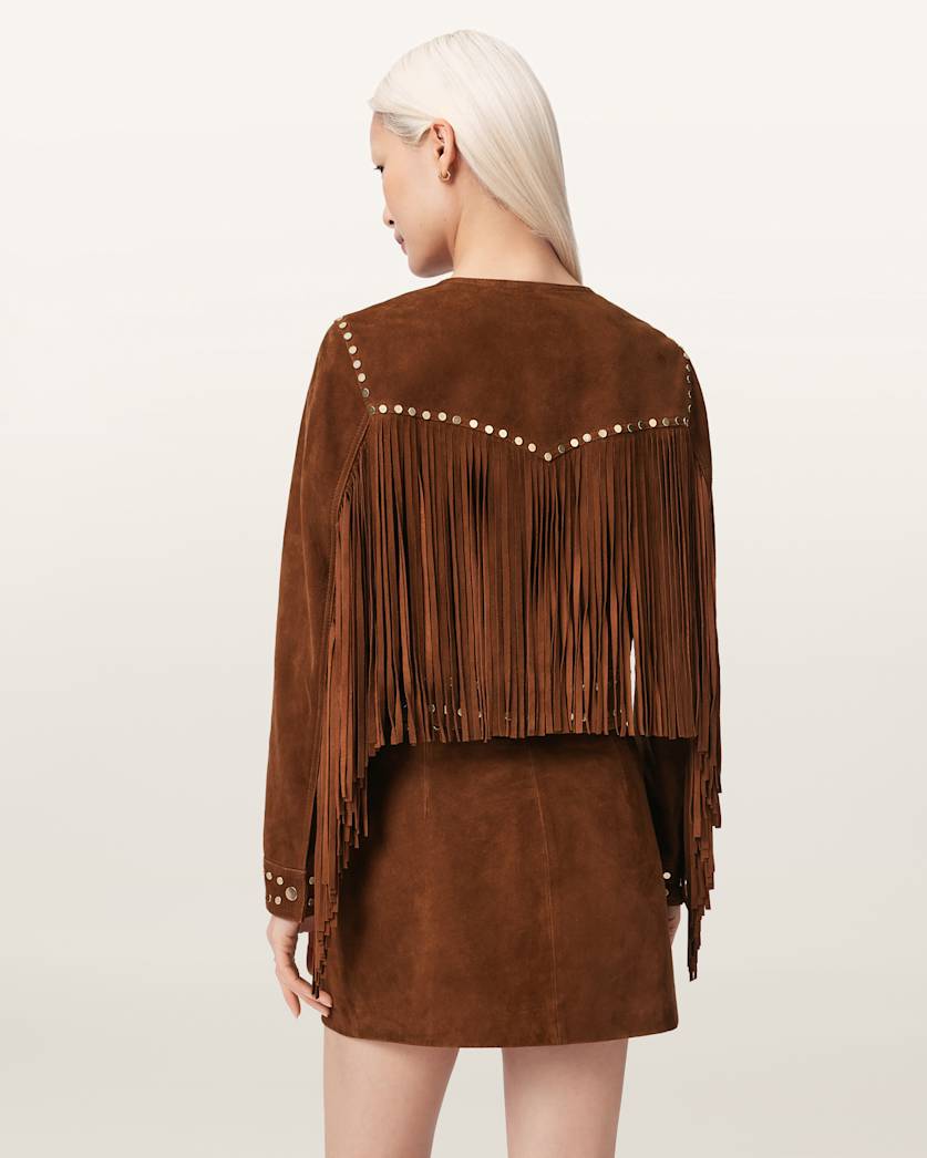 AllSaints Alice Suede Studded Cropped Trucker Jacket Women's Cognac Brown Women's