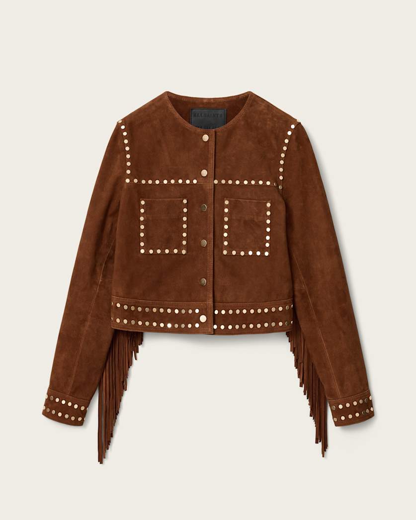 AllSaints Alice Suede Studded Cropped Trucker Jacket Women's Cognac Brown Women's