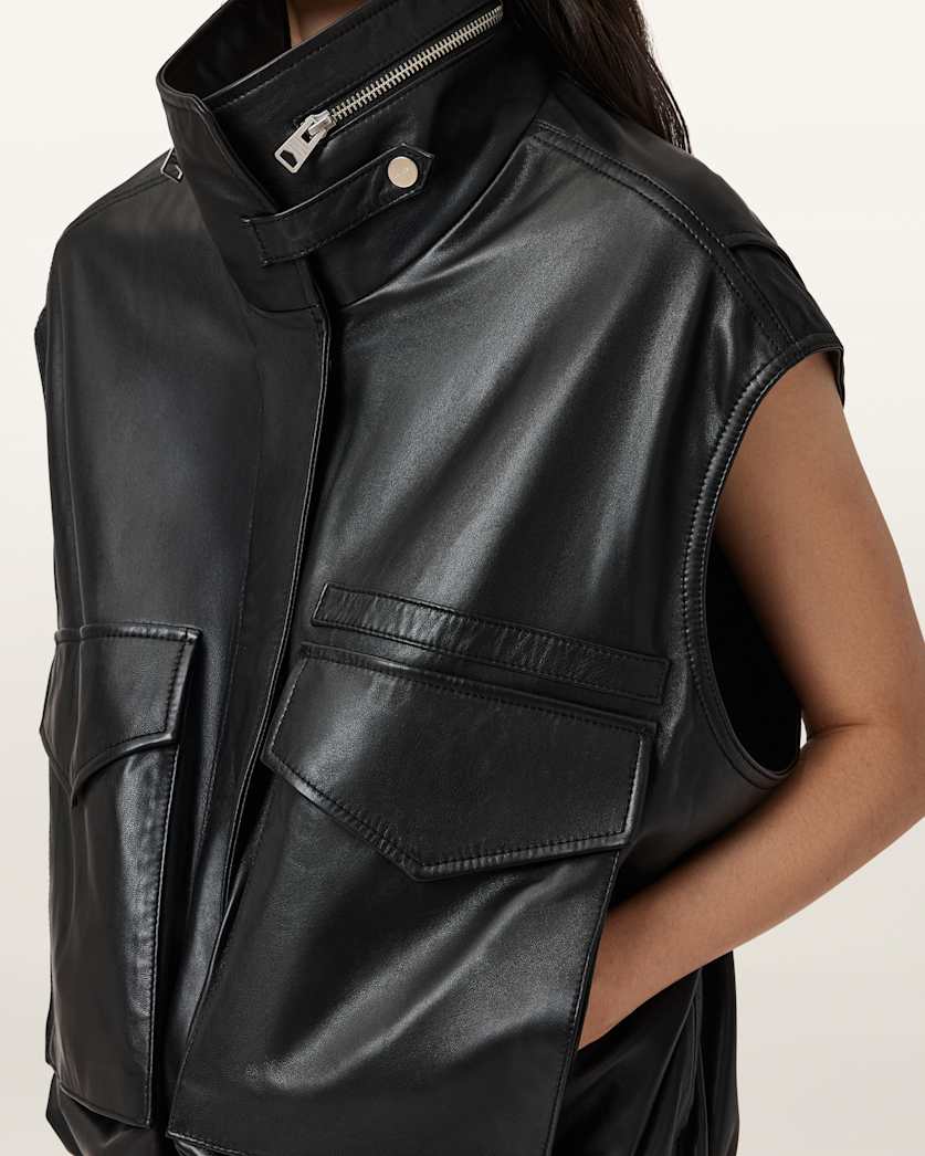 AllSaints Clay Funnel Neck Leather Gilet Women's Black Women's