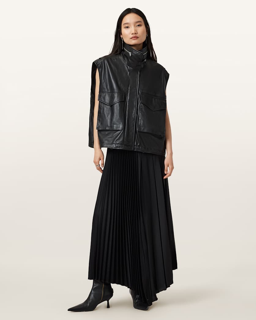 AllSaints Clay Funnel Neck Leather Gilet Women's Black Women's