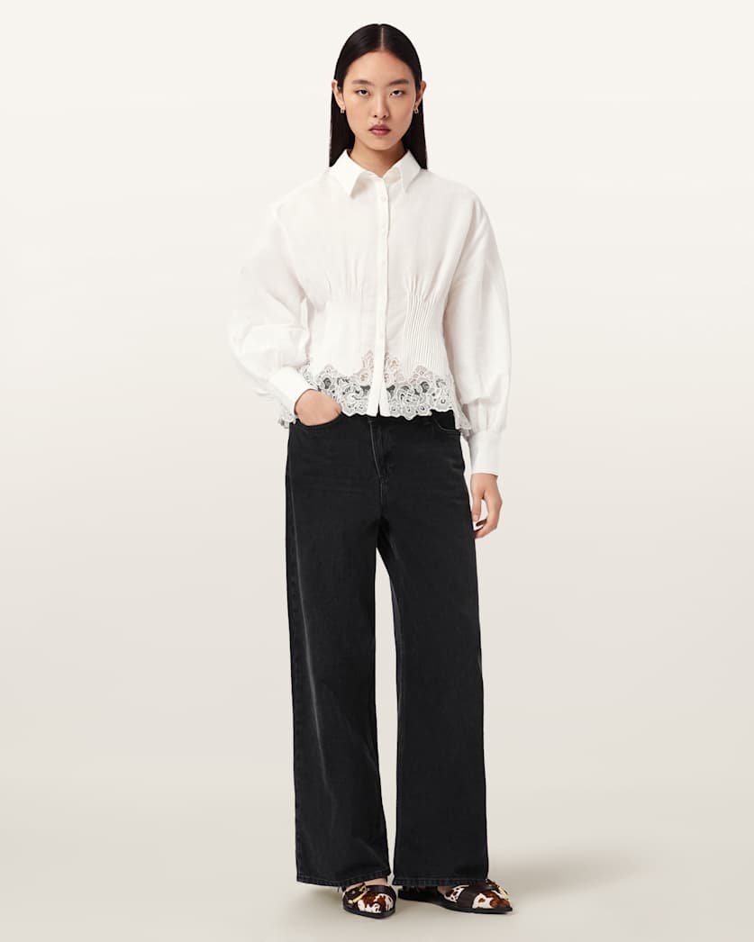 AllSaints Carol Long Sleeve Lace Trimmed Shirt Women's White Women's