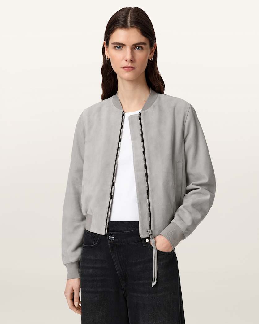 AllSaints Orten Suede Bomber Jacket Women's Light Grey Women's