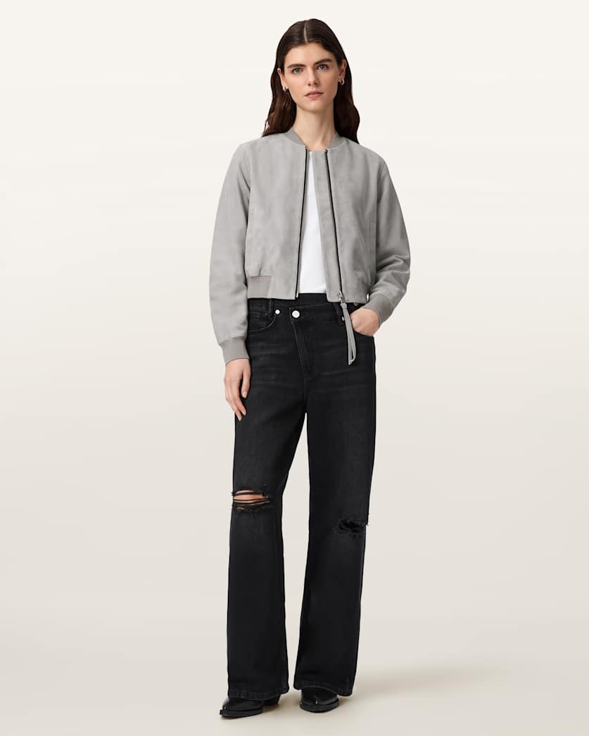 AllSaints Orten Suede Bomber Jacket Women's Light Grey Women's