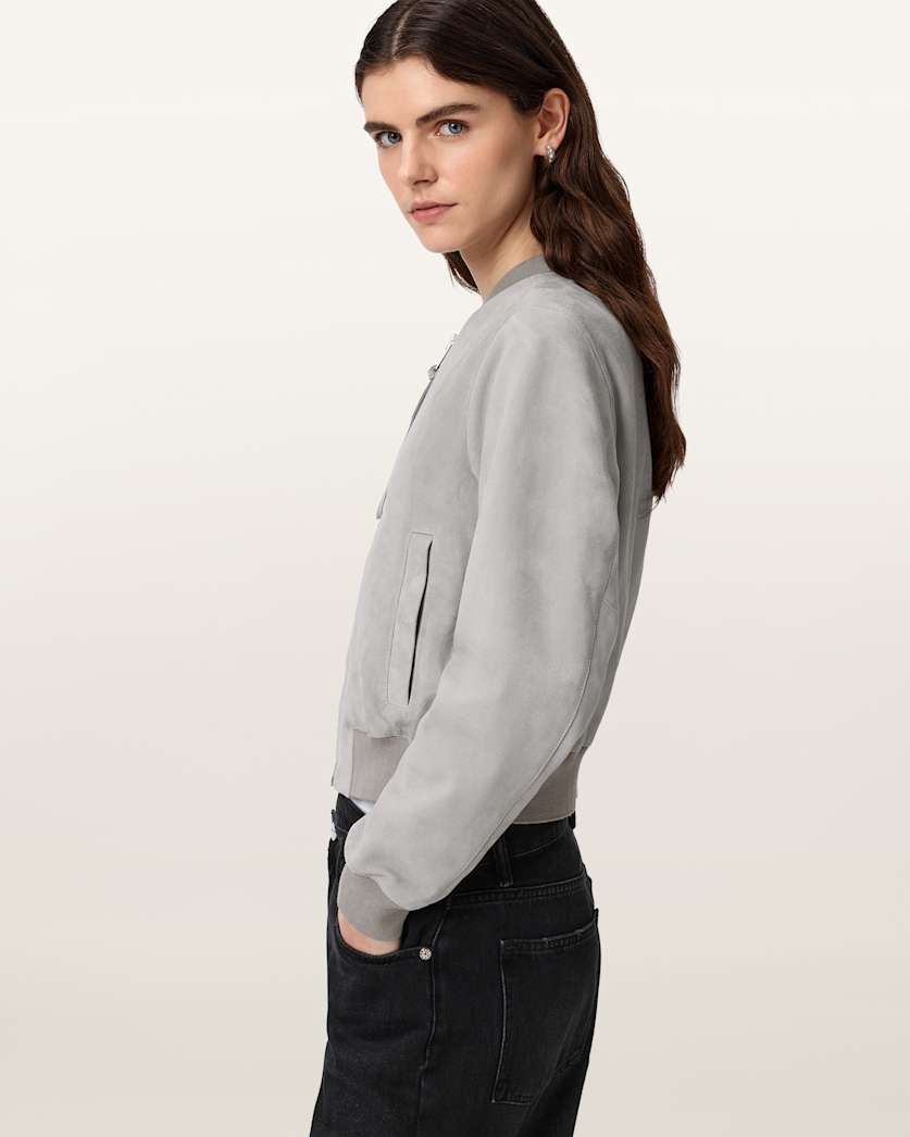 AllSaints Orten Suede Bomber Jacket Women's Light Grey Women's