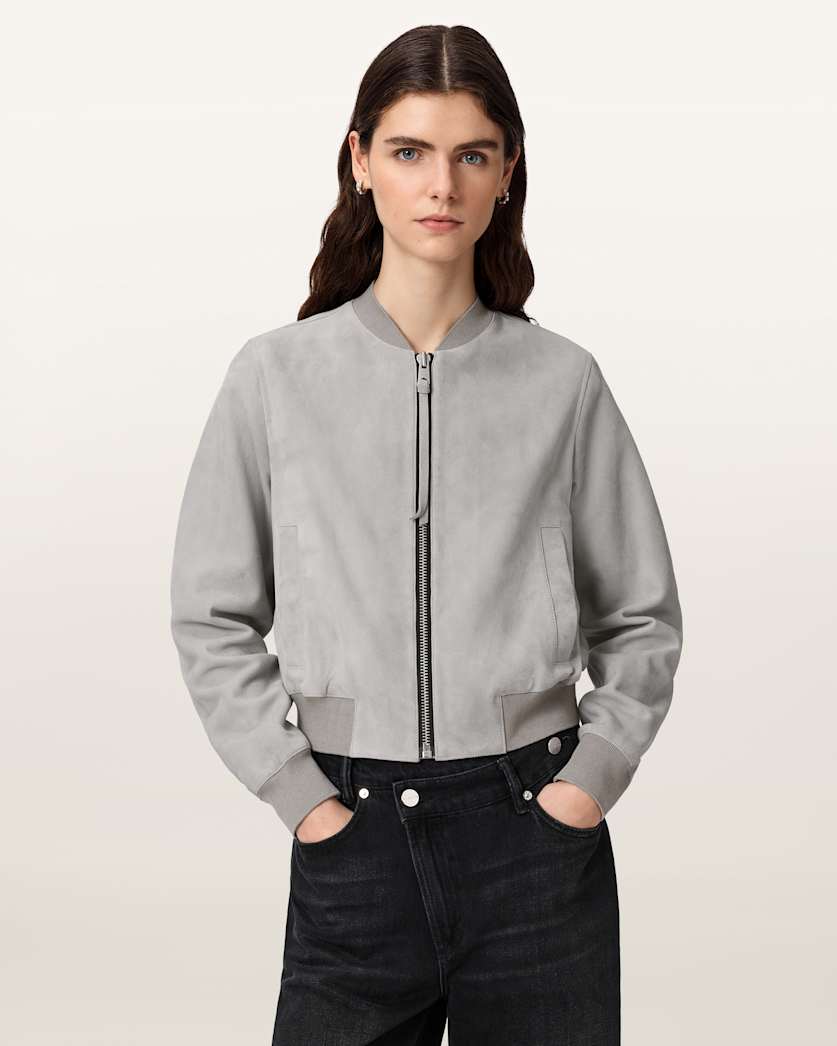 AllSaints Orten Suede Bomber Jacket Women's Light Grey Women's