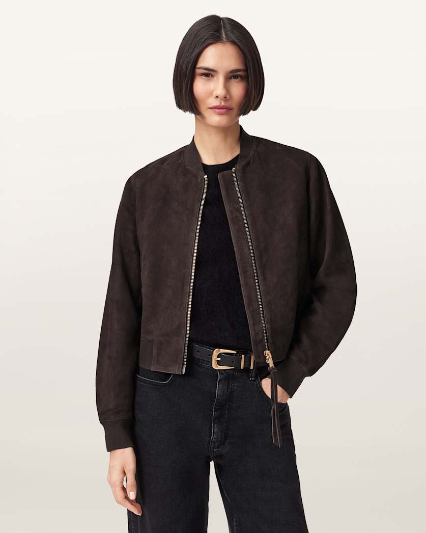 AllSaints Orten Suede Bomber Jacket Women's Light Grey Women's