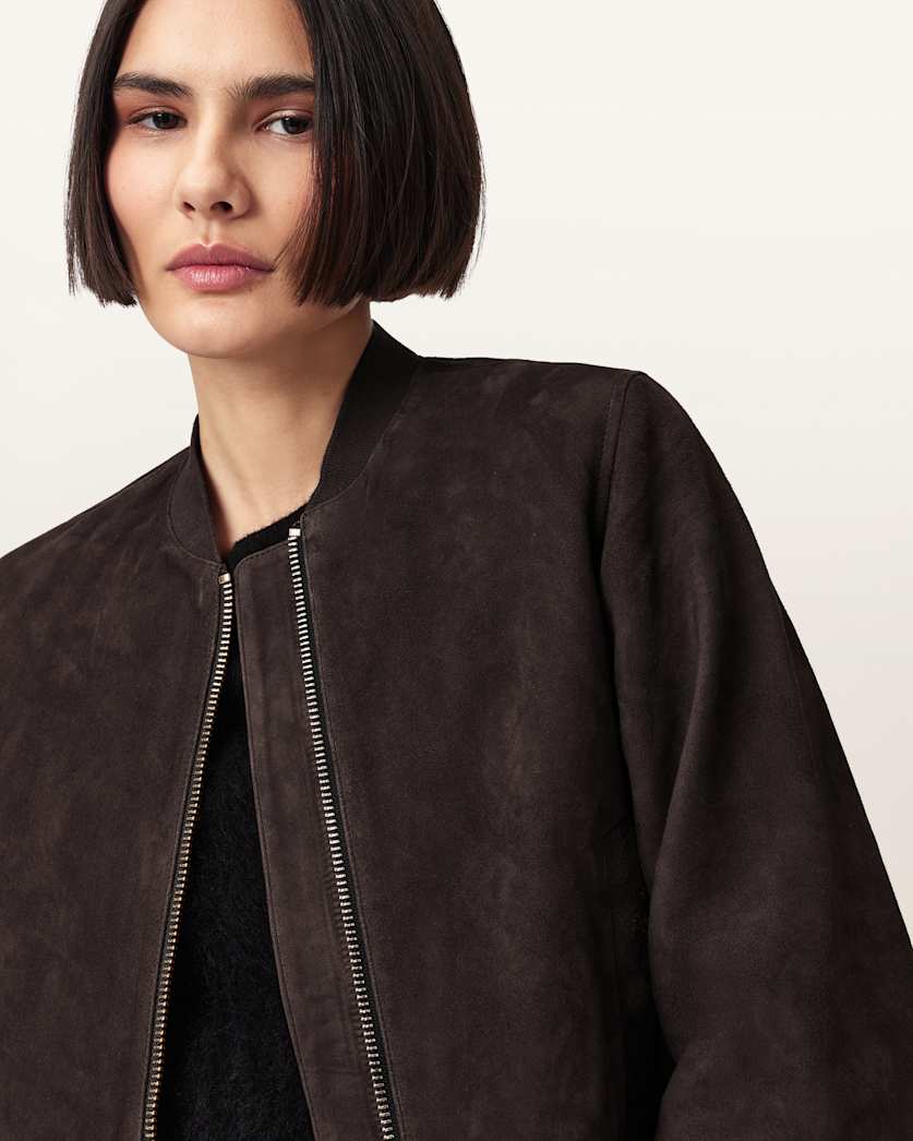 AllSaints Orten Suede Bomber Jacket Women's Light Grey Women's