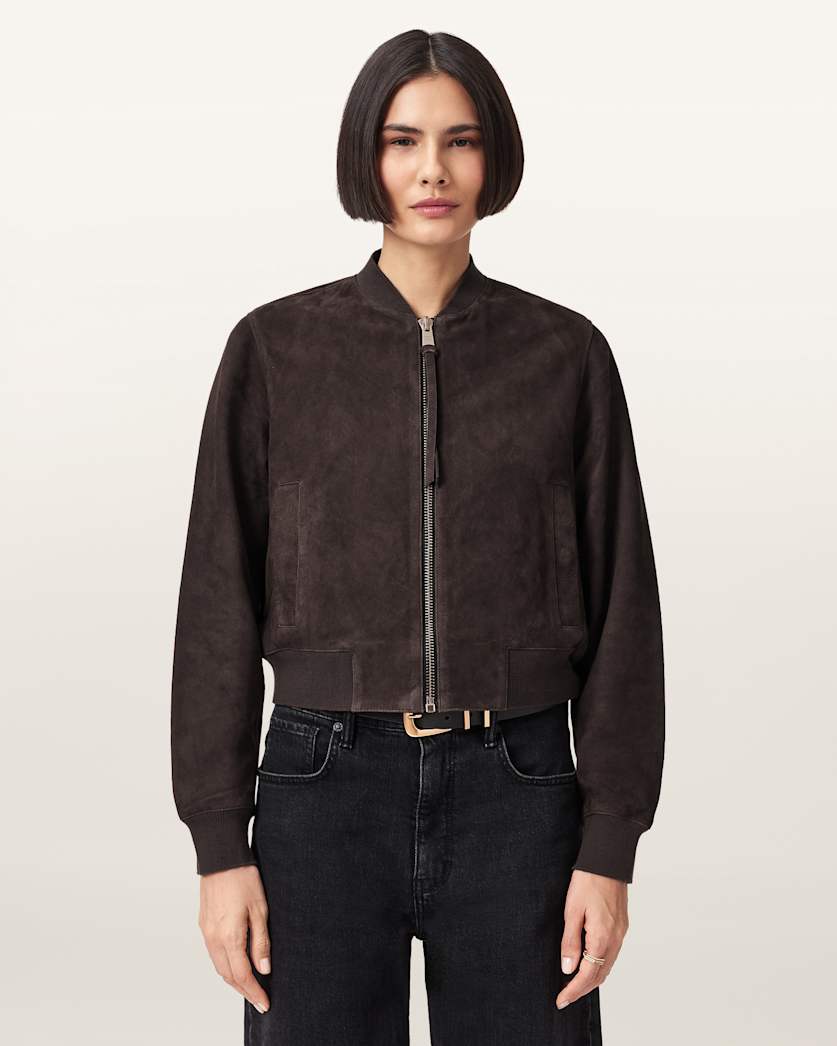 AllSaints Orten Suede Bomber Jacket Women's Light Grey Women's