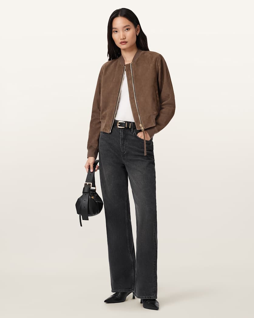 AllSaints Orten Suede Bomber Jacket Women's Light Grey Women's
