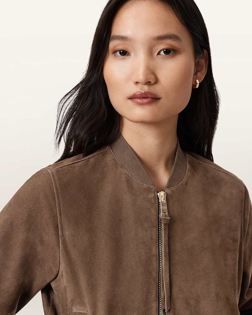 AllSaints Orten Suede Bomber Jacket Women's Light Grey Women's