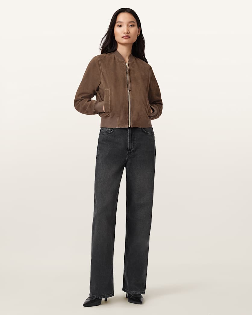 AllSaints Orten Suede Bomber Jacket Women's Light Grey Women's