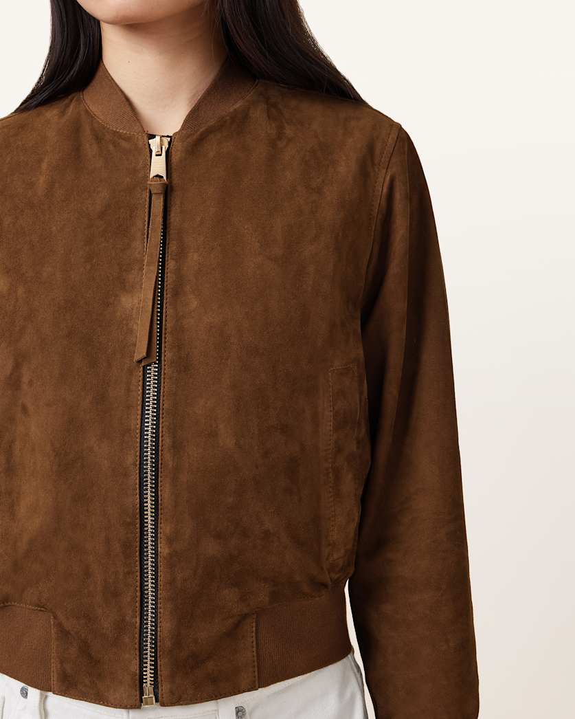 AllSaints Orten Suede Bomber Jacket Women's Light Grey Women's