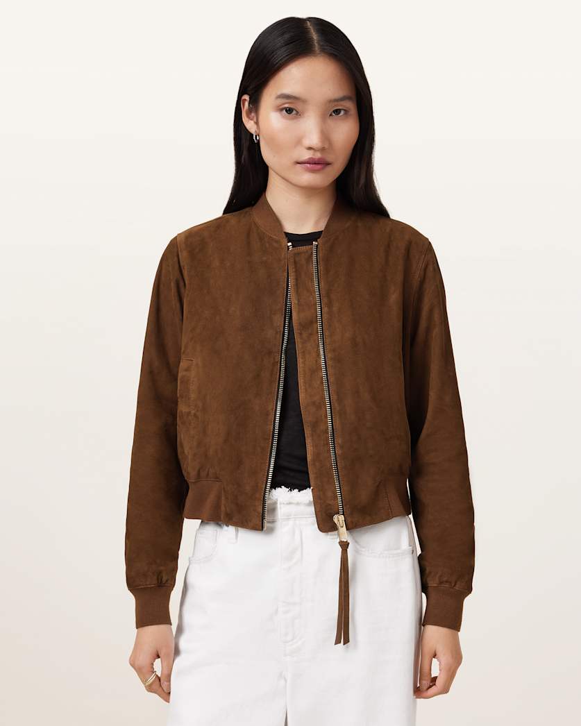 AllSaints Orten Suede Bomber Jacket Women's Light Grey Women's