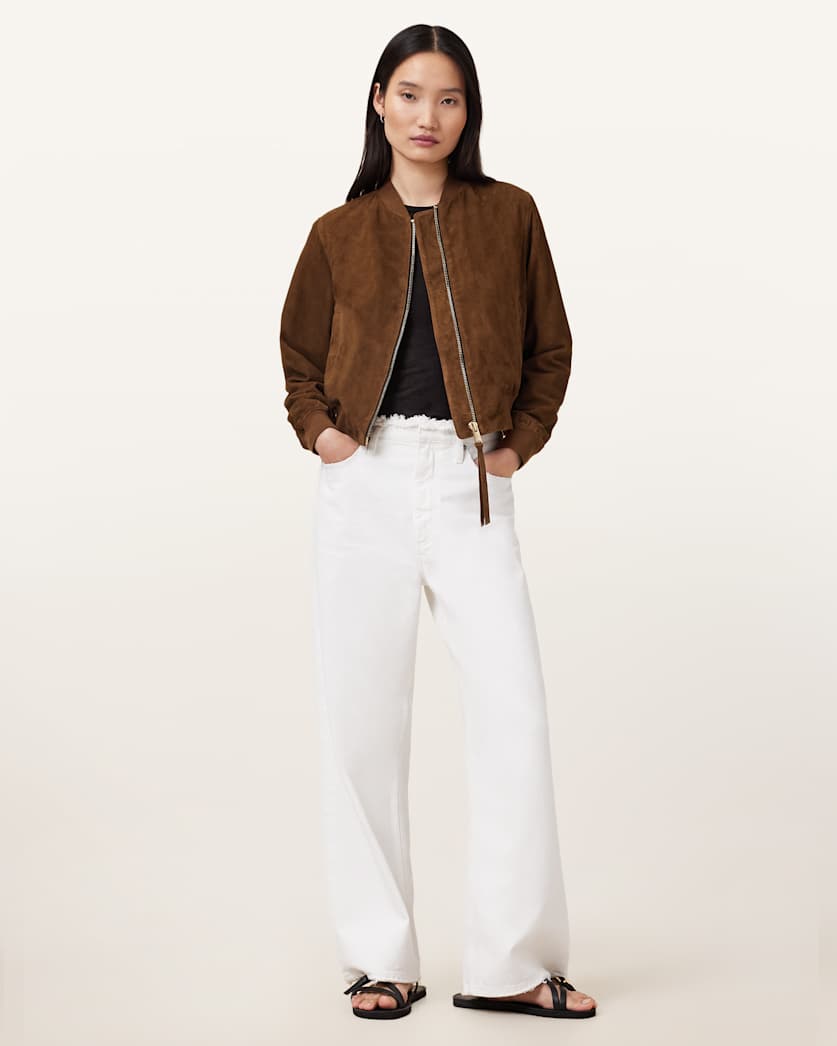 AllSaints Orten Suede Bomber Jacket Women's Light Grey Women's