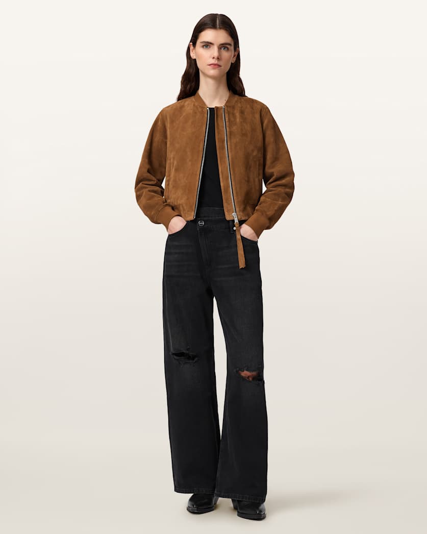 AllSaints Orten Suede Bomber Jacket Women's Light Grey Women's