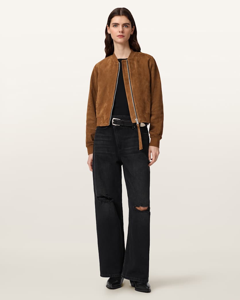 AllSaints Orten Suede Bomber Jacket Women's Light Grey Women's