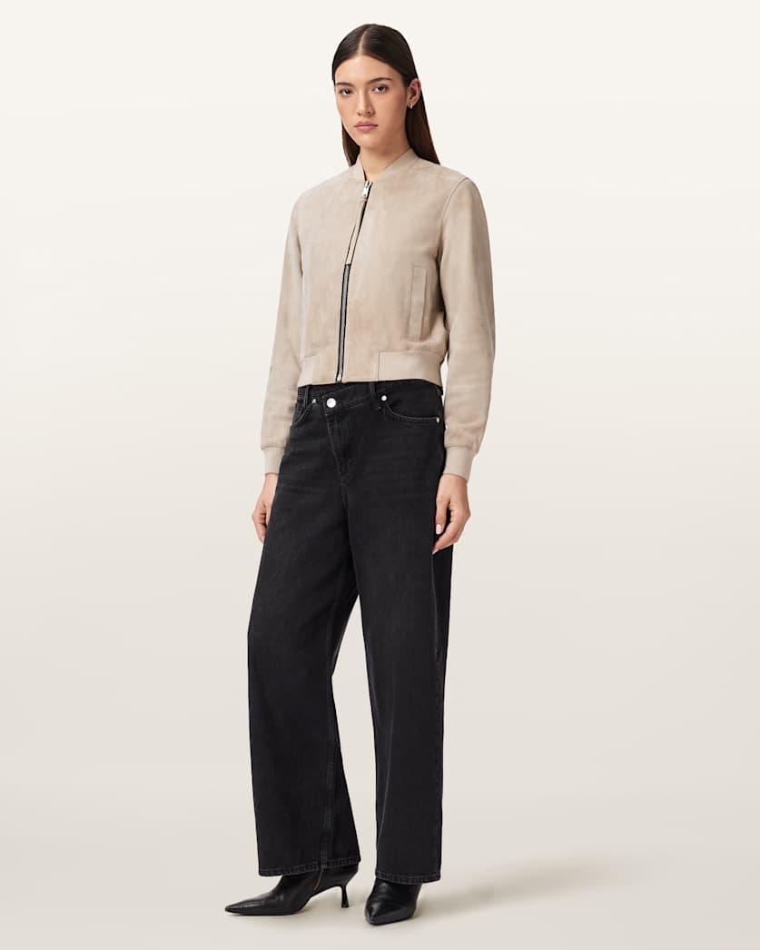 AllSaints Orten Suede Bomber Jacket Women's Light Grey Women's
