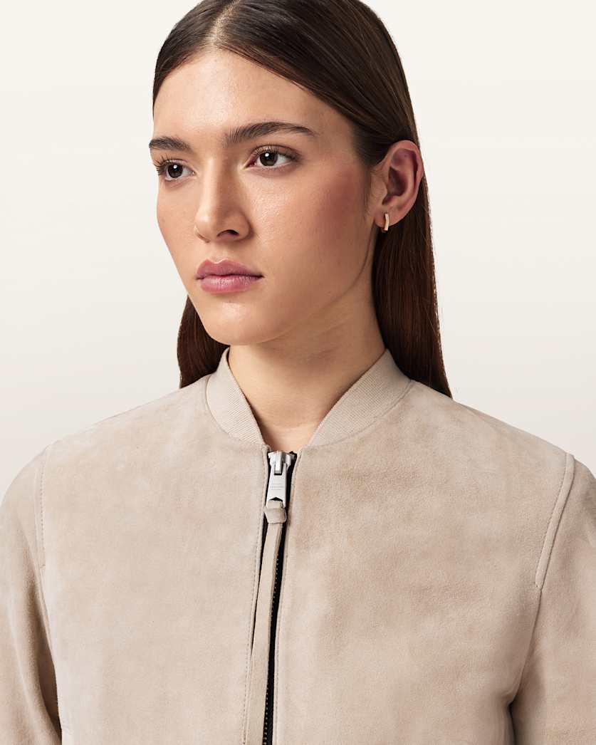 AllSaints Orten Suede Bomber Jacket Women's Light Grey Women's