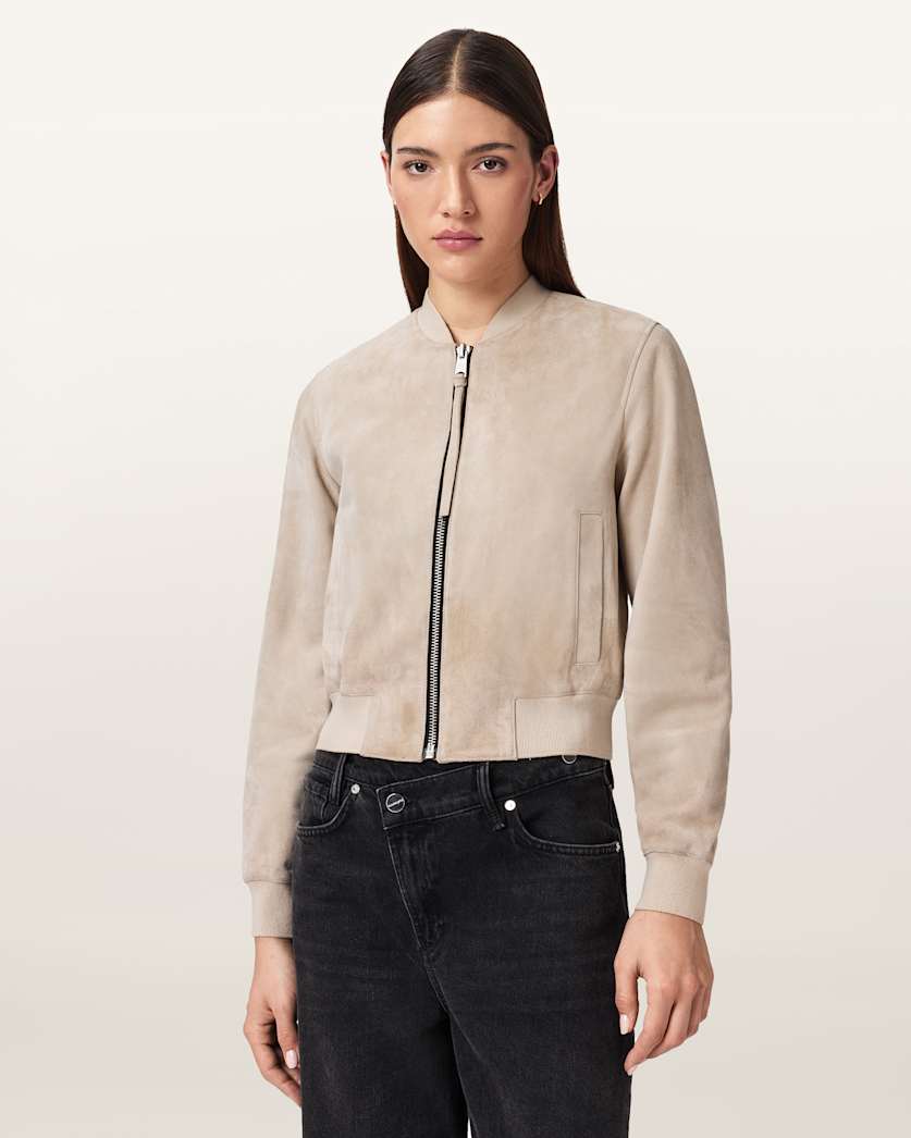 AllSaints Orten Suede Bomber Jacket Women's Light Grey Women's