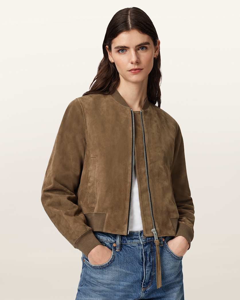 AllSaints Orten Suede Bomber Jacket Women's Light Grey Women's