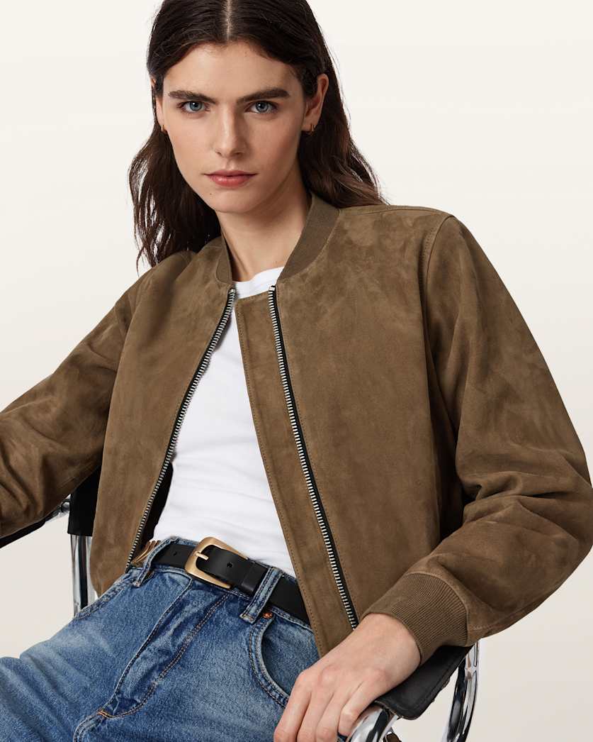 AllSaints Orten Suede Bomber Jacket Women's Light Grey Women's