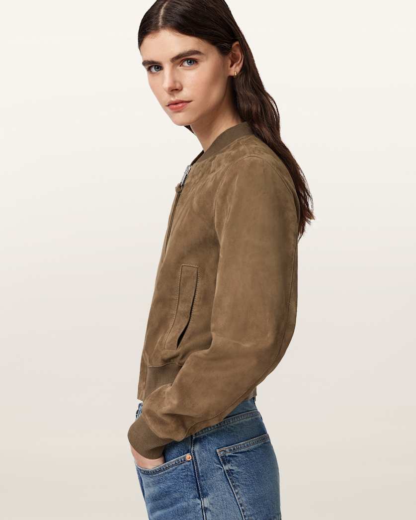 AllSaints Orten Suede Bomber Jacket Women's Light Grey Women's