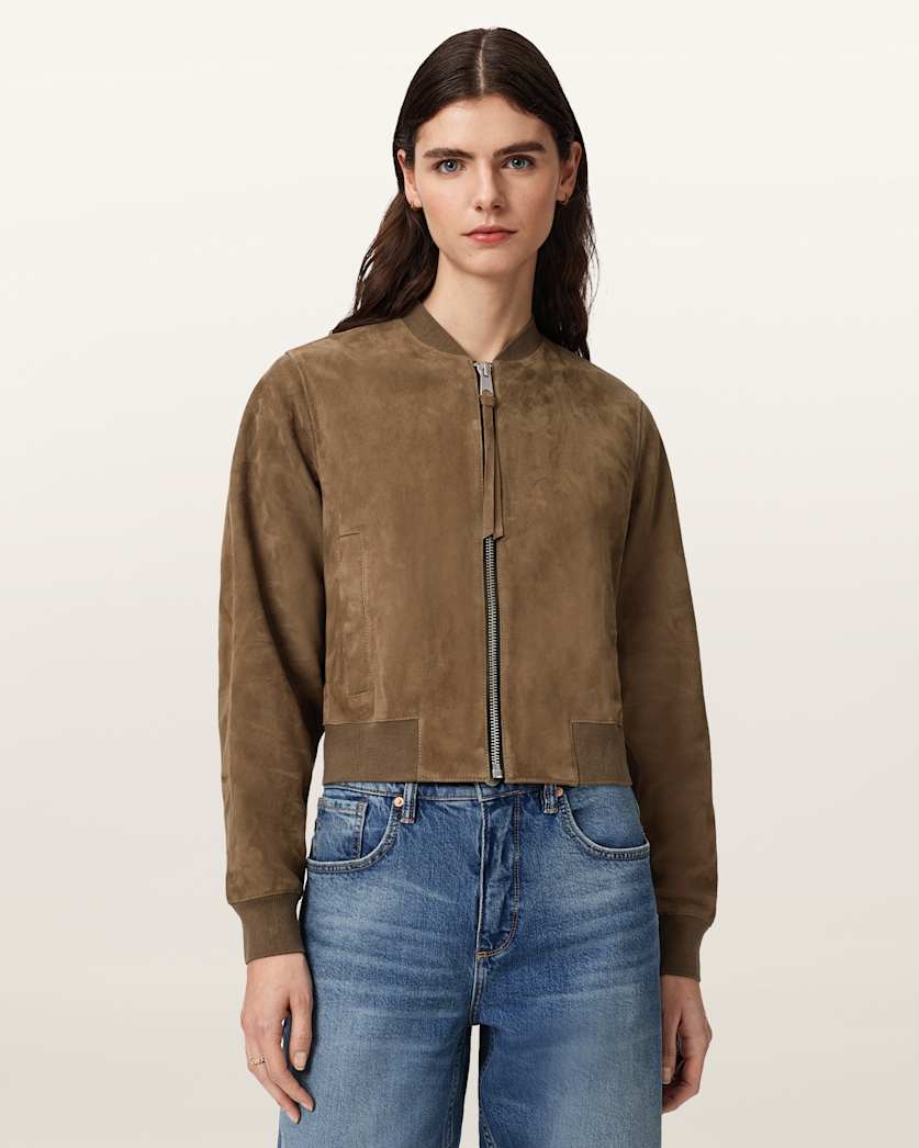 AllSaints Orten Suede Bomber Jacket Women's Light Grey Women's