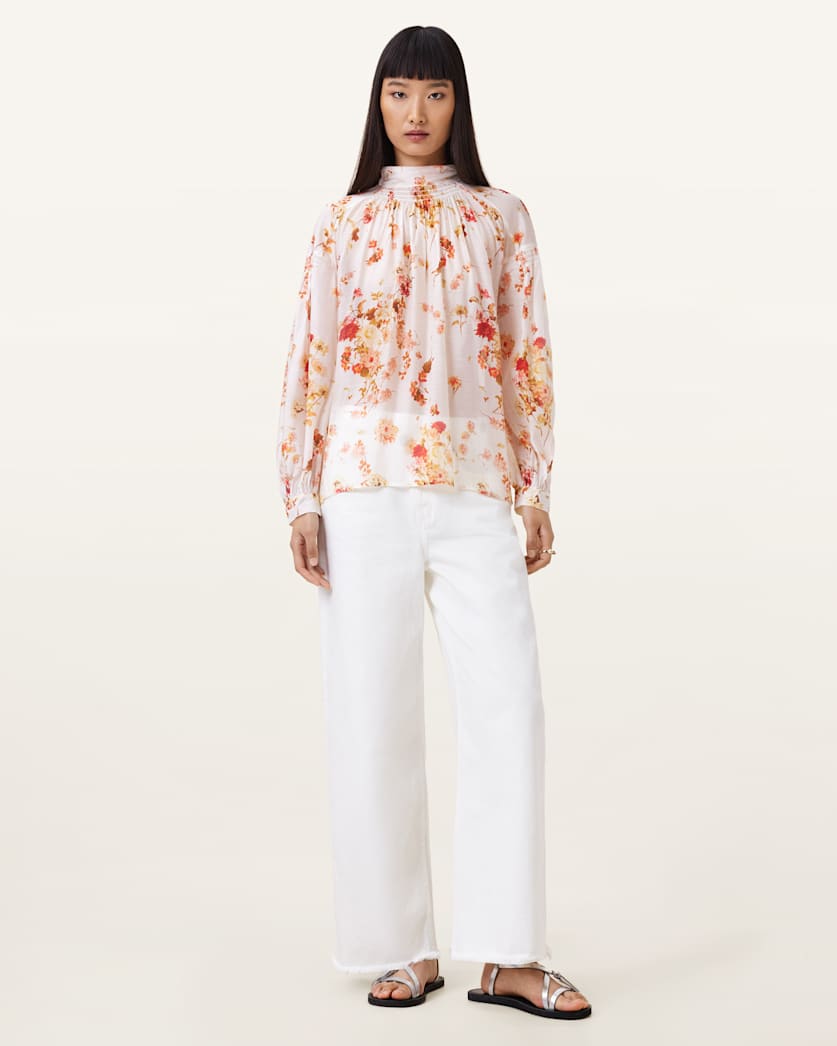 AllSaints Pearla High Neck Floral Print Top Women's Armada White Women's