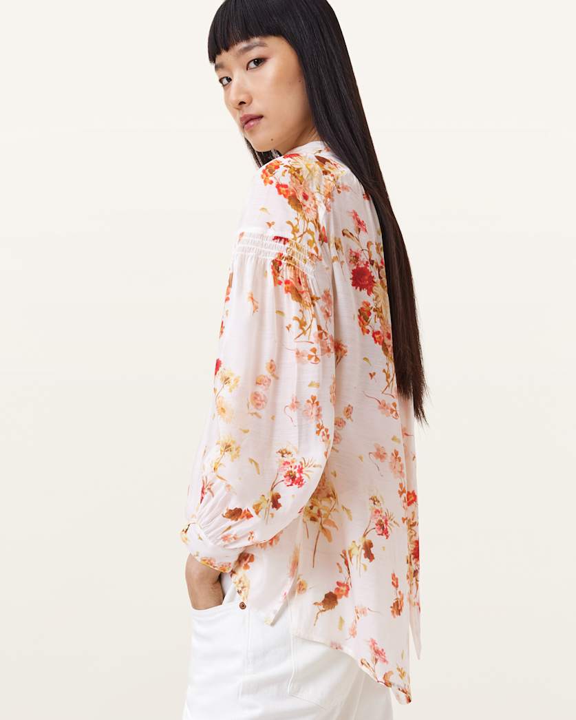 AllSaints Pearla High Neck Floral Print Top Women's Armada White Women's