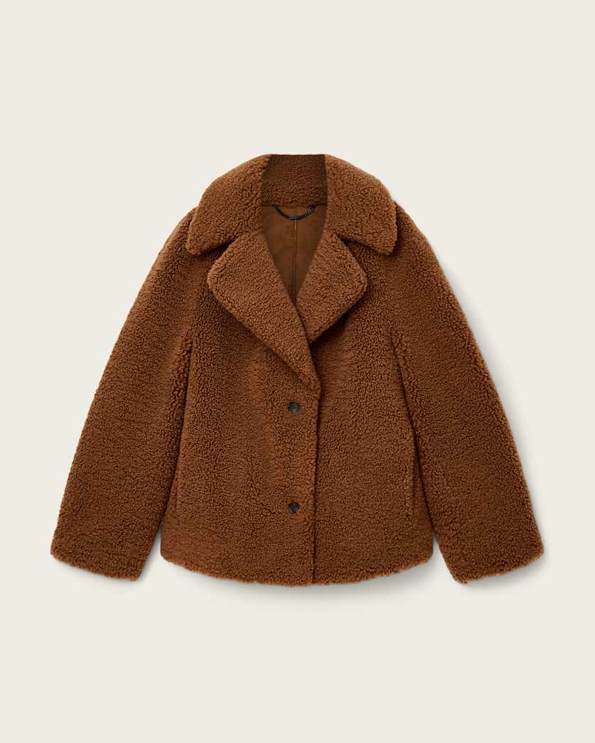 AllSaints Eddie Faux Teddy Jacket Women's Cognac Brown Women's