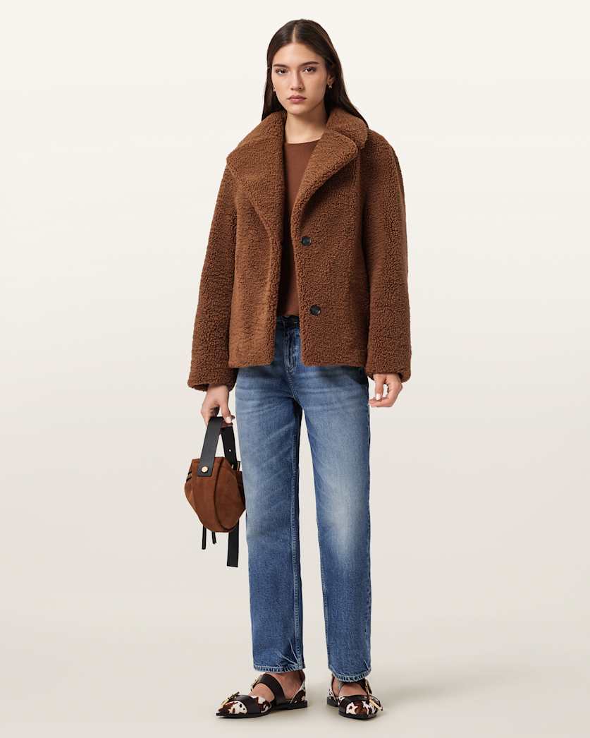 AllSaints Eddie Faux Teddy Jacket Women's Cognac Brown Women's