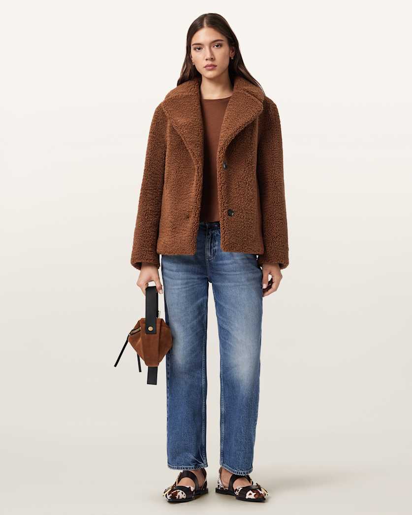 AllSaints Eddie Faux Teddy Jacket Women's Cognac Brown Women's