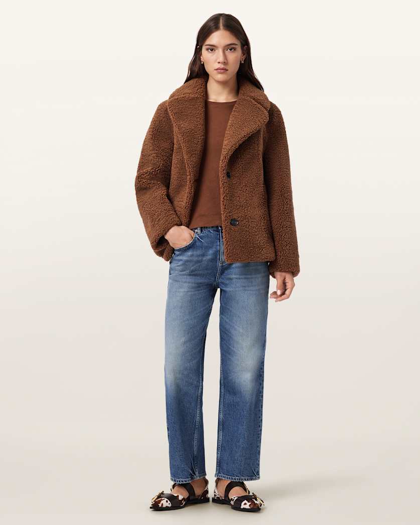 AllSaints Eddie Faux Teddy Jacket Women's Cognac Brown Women's
