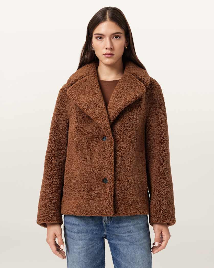 AllSaints Eddie Faux Teddy Jacket Women's Cognac Brown Women's
