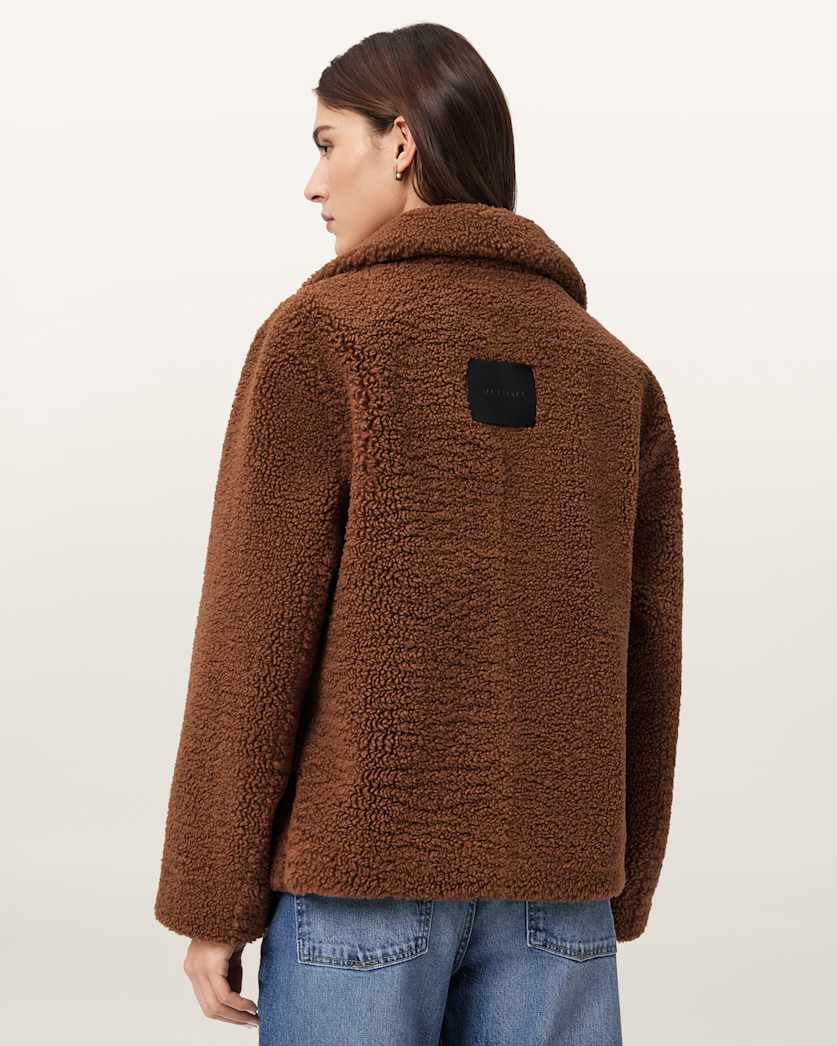 AllSaints Eddie Faux Teddy Jacket Women's Cognac Brown Women's