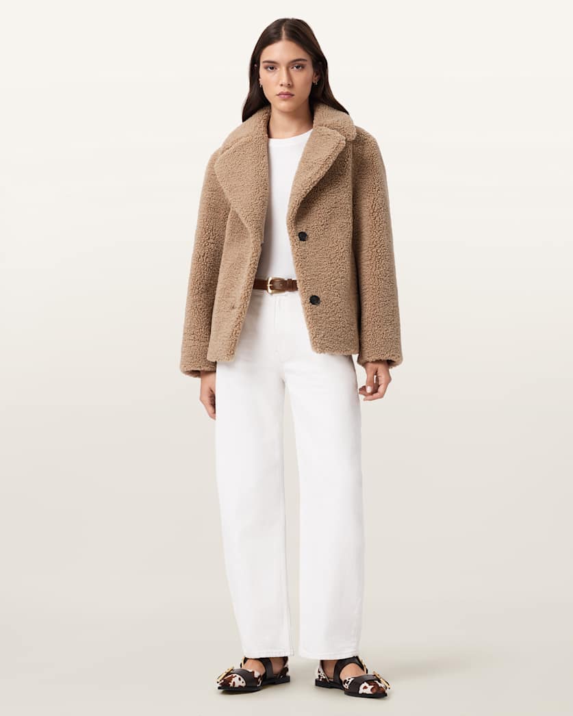 AllSaints Eddie Faux Teddy Jacket Women's Cognac Brown Women's