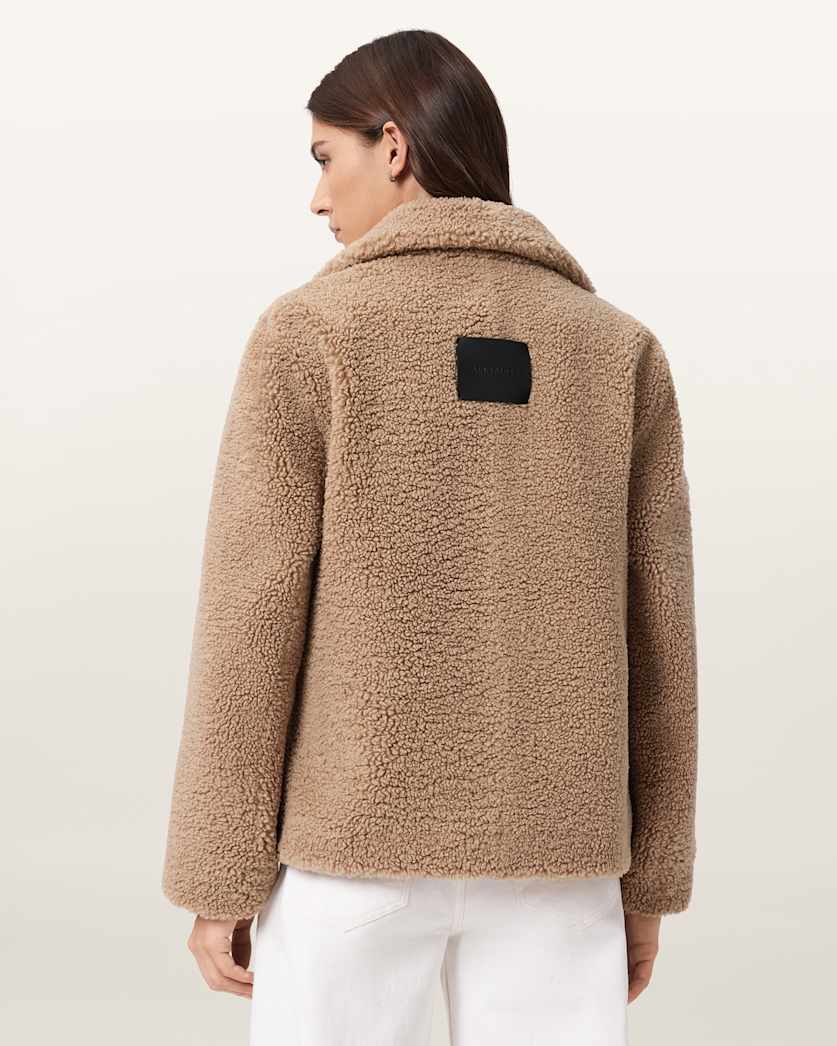 AllSaints Eddie Faux Teddy Jacket Women's Cognac Brown Women's