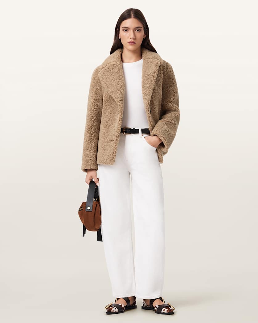 AllSaints Eddie Faux Teddy Jacket Women's Cognac Brown Women's