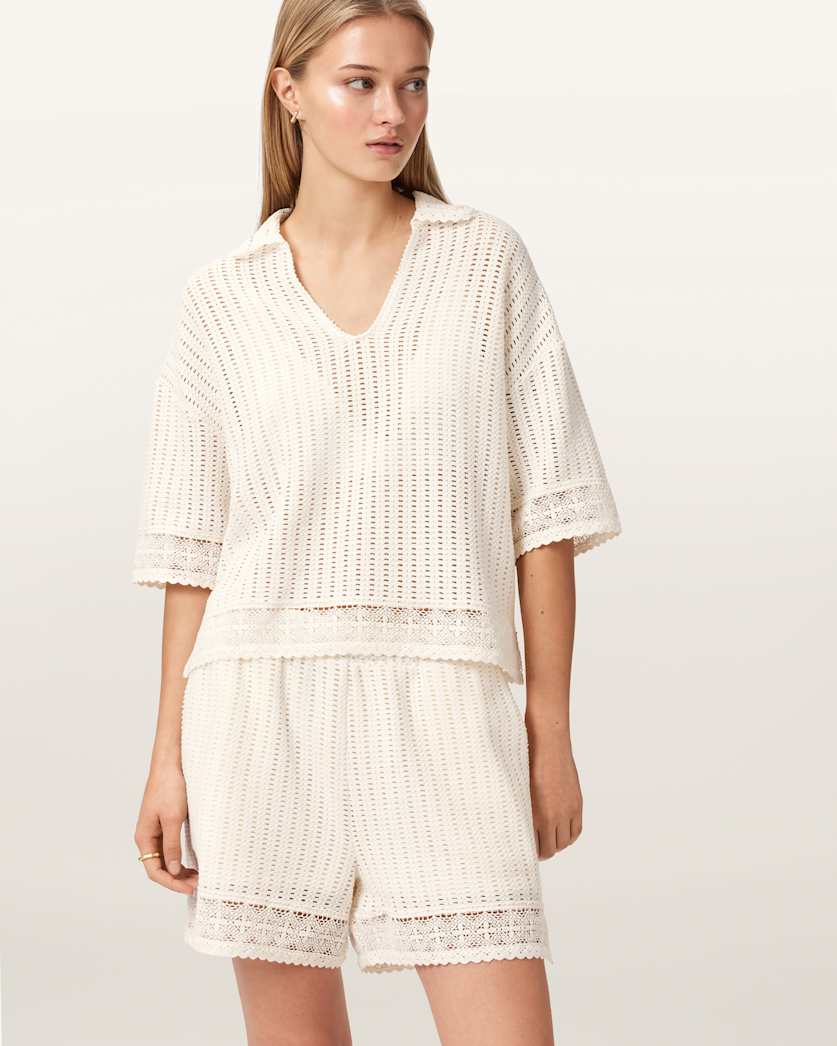 AllSaints Elma Mid Rise Crochet Cotton Shorts Women's Mallow White Women's