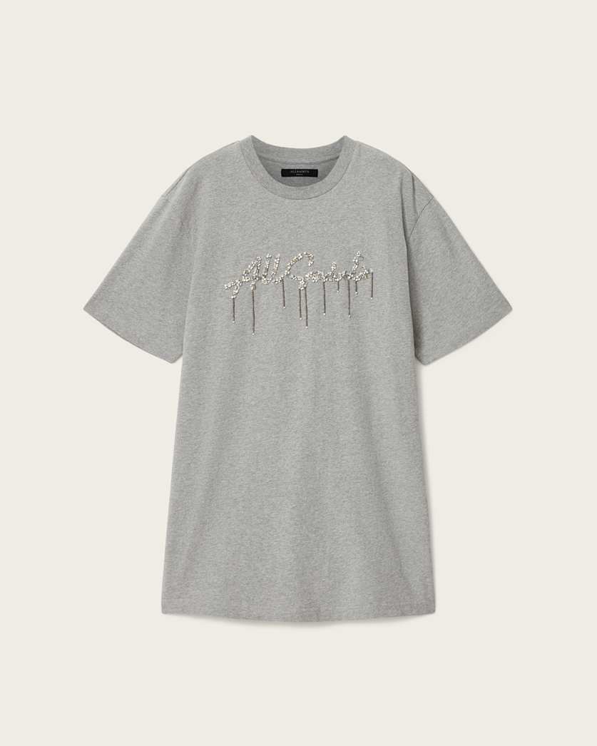 AllSaints Chains Embellished T Shirt Mini Dress Women's Grey Melange Women's