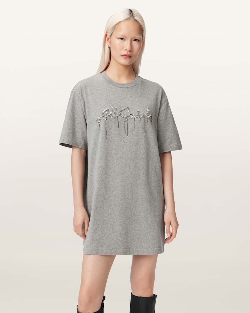 AllSaints Chains Embellished T Shirt Mini Dress Women's Grey Melange Women's