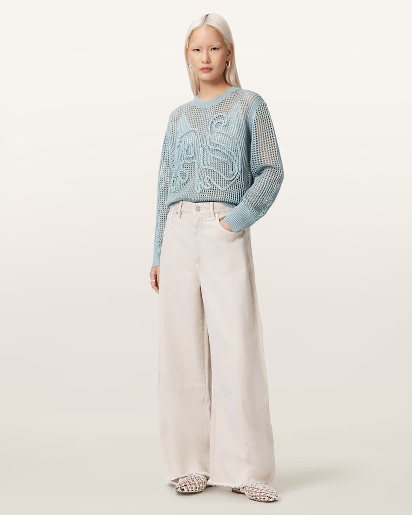 AllSaints Raelyn Relaxed Fit Open Stitch Sweater Women's Quarry Blue Women's