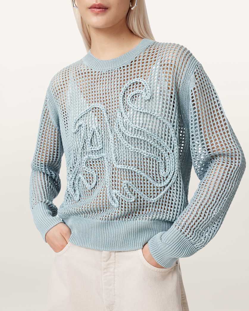AllSaints Raelyn Relaxed Fit Open Stitch Sweater Women's Quarry Blue Women's
